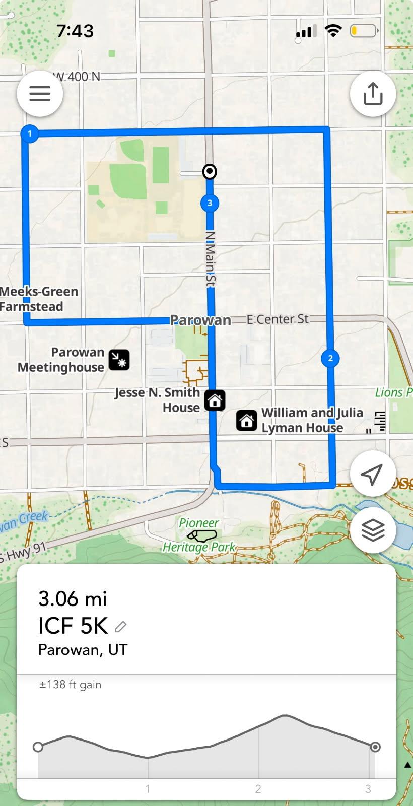 A map of the Iron County Fair 5K race course in Parowan, UT