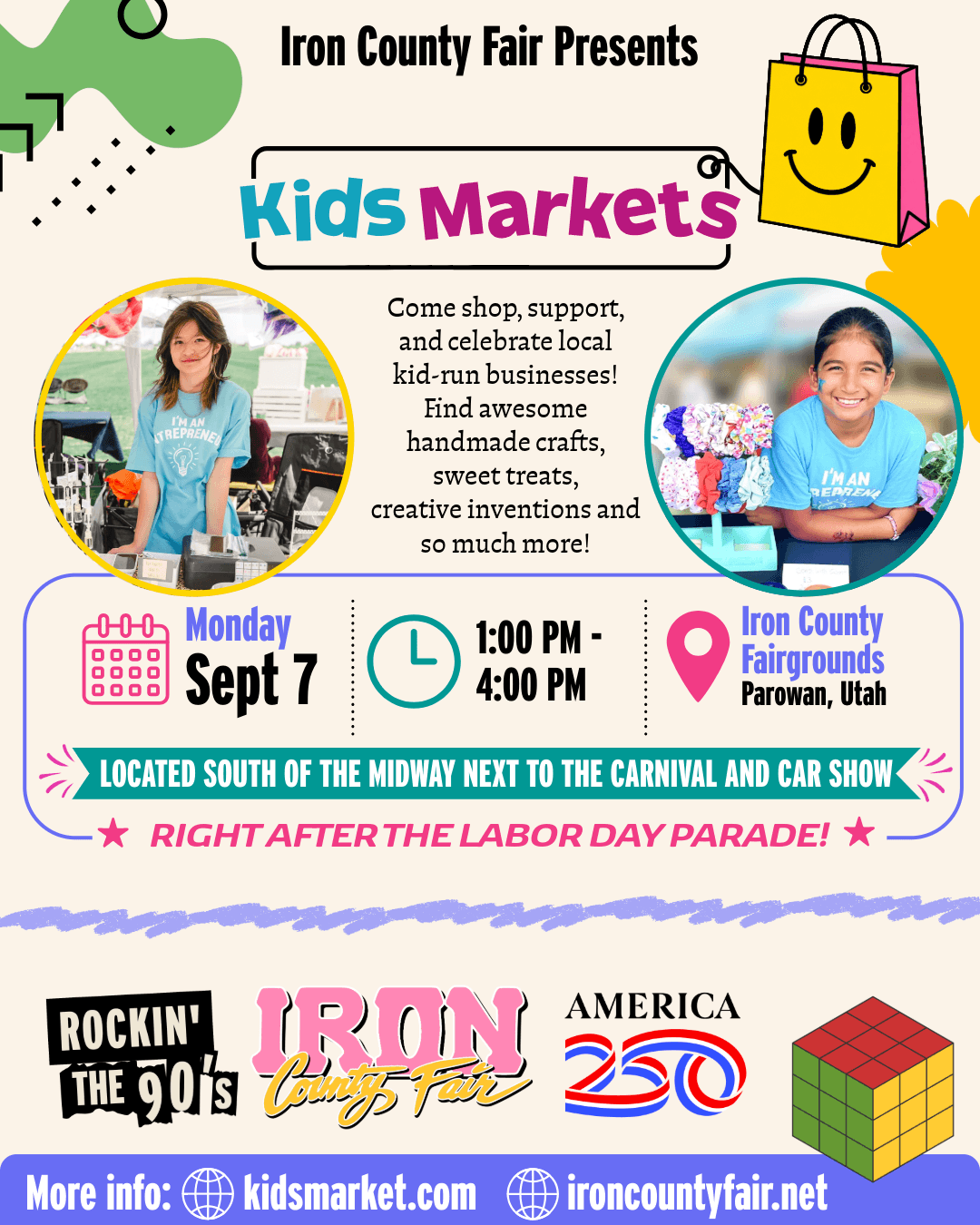 Kids Market Monday September 7. 12-3pm Iron County Fairgrounds. Right after the Labor Day Parade!