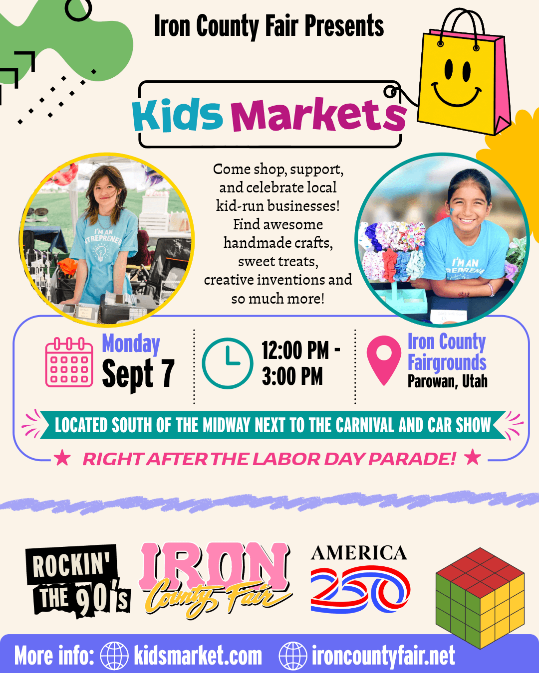 Kids Market Monday September 7. 12-3pm iron county fairgrounds. Right after the labor day parade!
