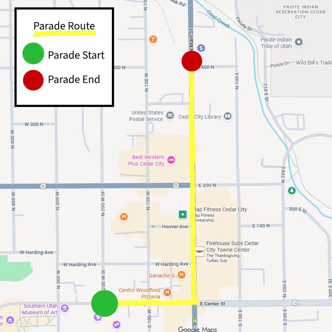 Map showing the 2026 Storybook Parade route through Cedar City